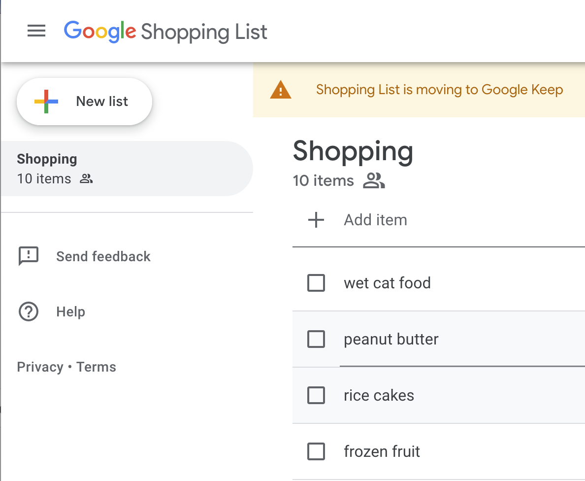"Shopping List is moving to Google Keep" notice on the Google Shopping List web view.